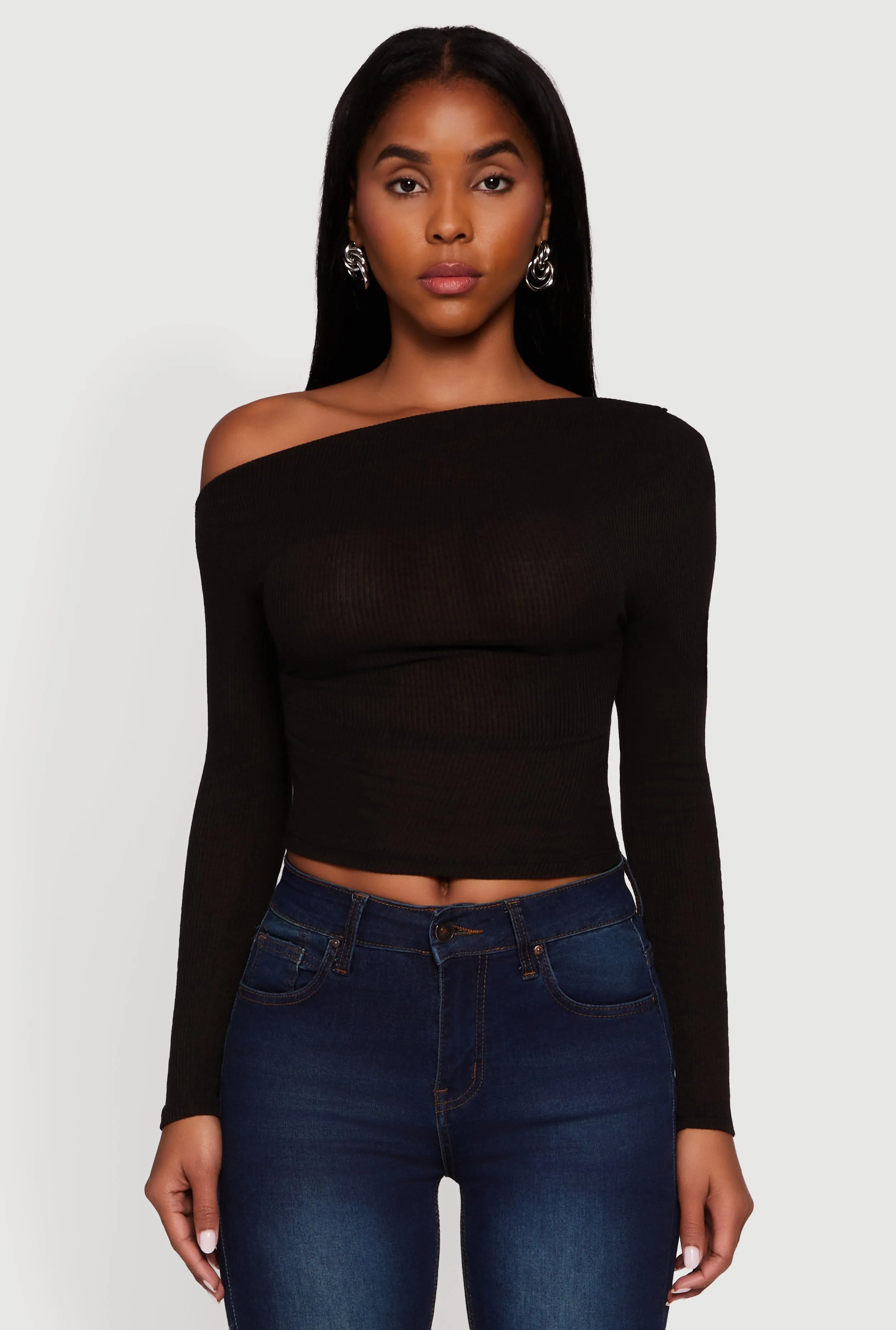Ribbed Knit Ruched One Shoulder Crop Top sold by Rainbow product image thumbnail 2