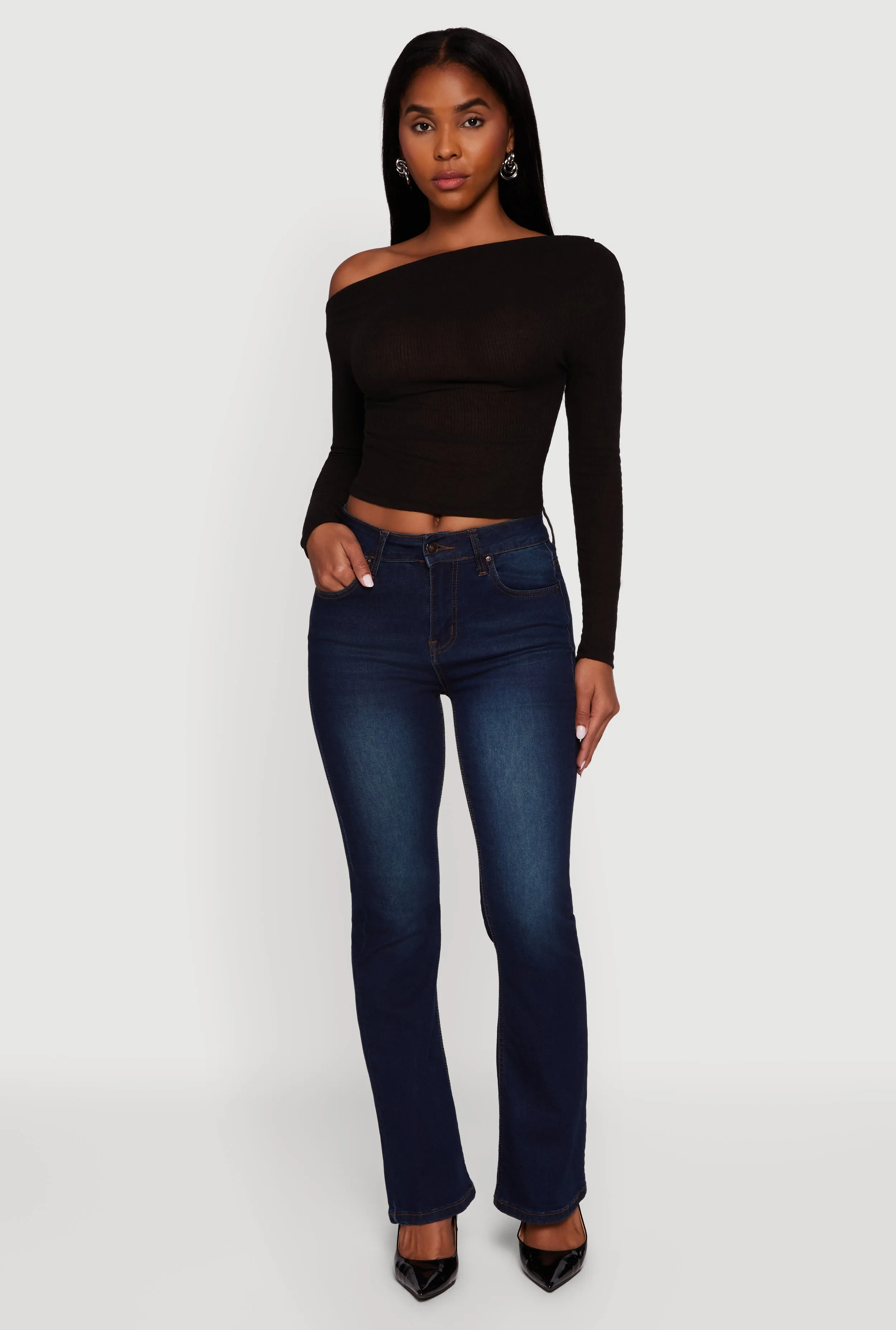 Ribbed Knit Ruched One Shoulder Crop Top sold by Rainbow product image thumbnail 3