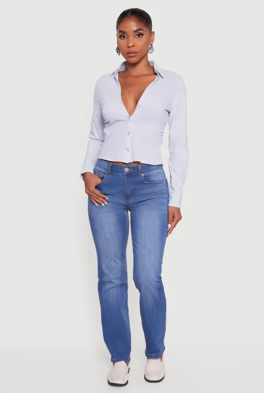 Collared Side Ruched Long Sleeve Button Front Shirt sold by Rainbow