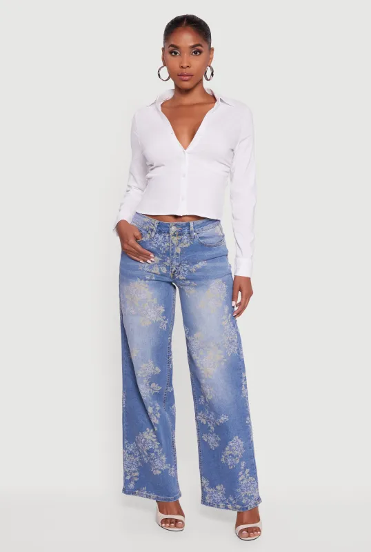 Collared Side Ruched Long Sleeve Button Front Shirt sold by Rainbow