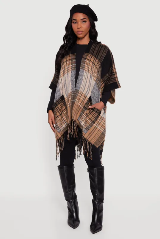 Plaid Brushed Knit Fringe Open Front Poncho sold by Rainbow