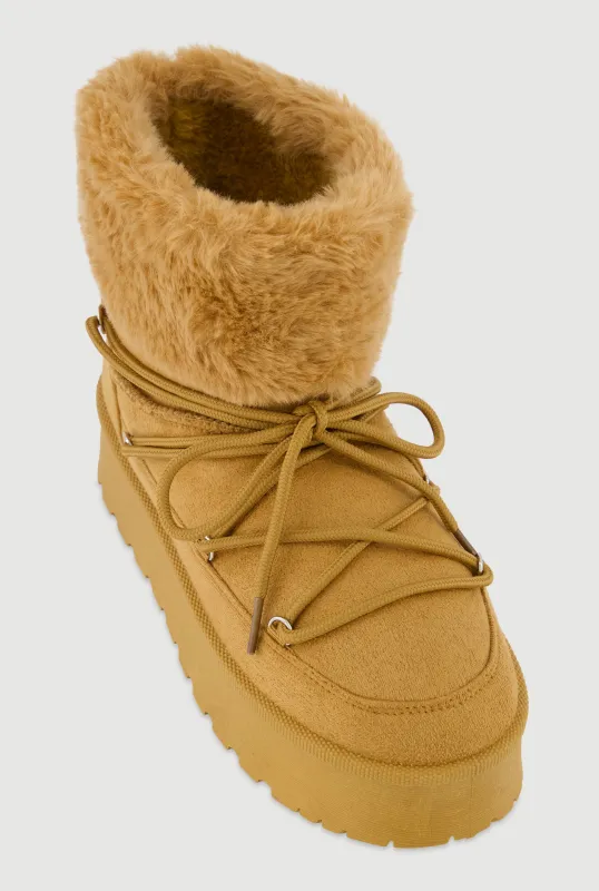 Trendy Faux Suede Platform Booties with Faux Fur Lining sold by Rainbow