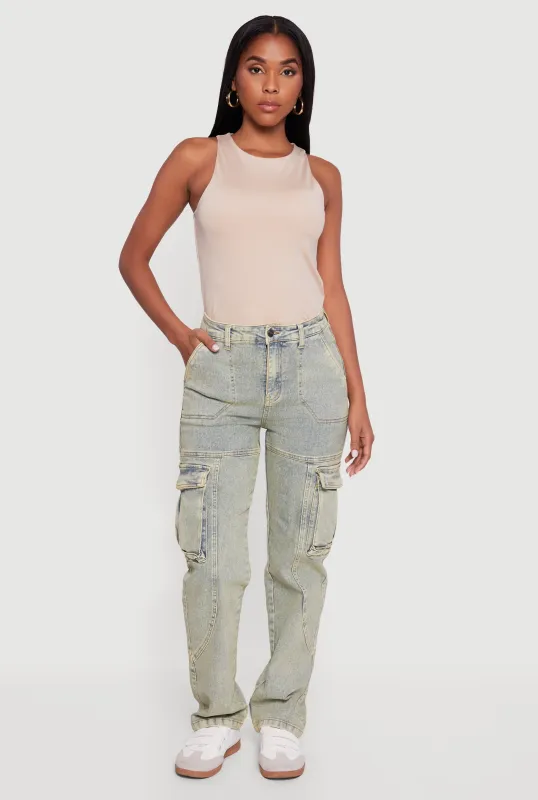 High Waisted Acid Wash Straight Leg Cargo Jeans sold by Rainbow