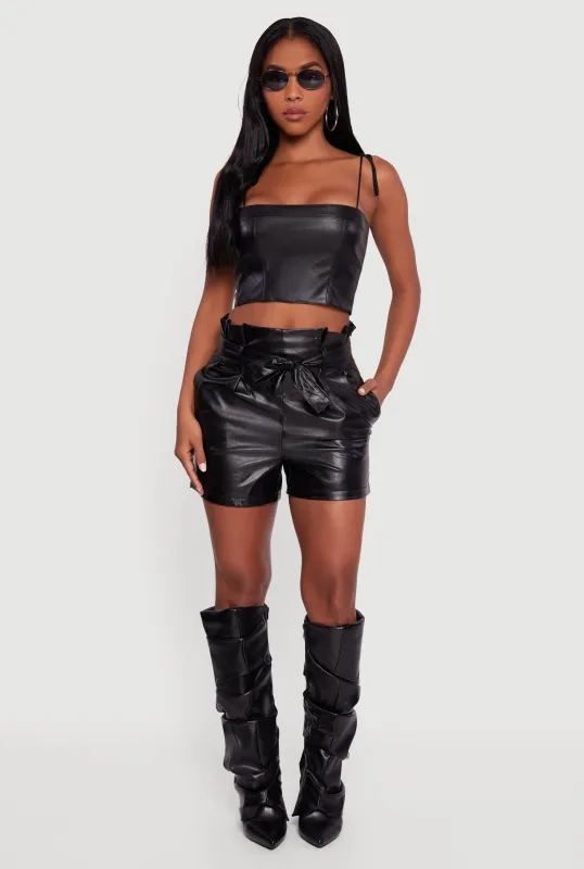 Faux Leather Paper Bag Waist Shorts with Tie Waist Belt sold by Rainbow