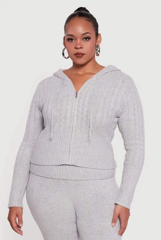 Plus Size Almost Famous Brushed Cable Knit Hooded Cardigan sold by Rainbow