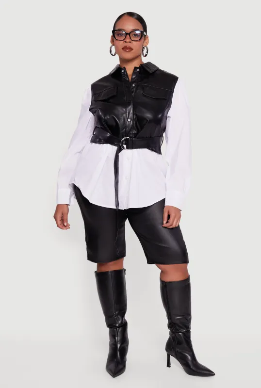 Plus Size Faux Leather Belted Layered Snap Button Front Shirt sold by Rainbow