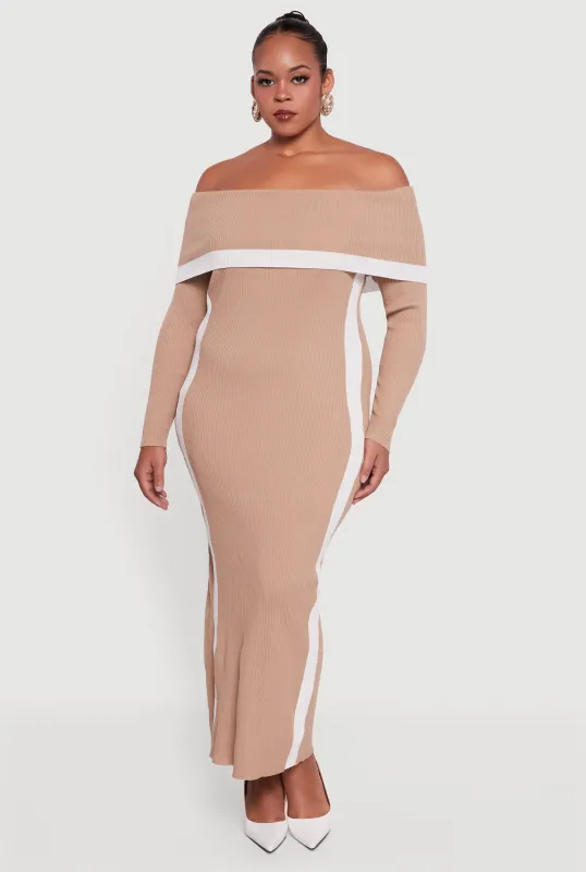 Plus Size Contrast Trim Ribbed Knit Sweater Dress sold by Rainbow