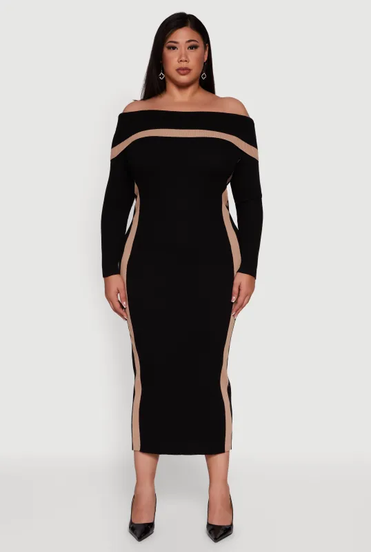 Plus Size Contrast Trim Ribbed Knit Sweater Dress sold by Rainbow