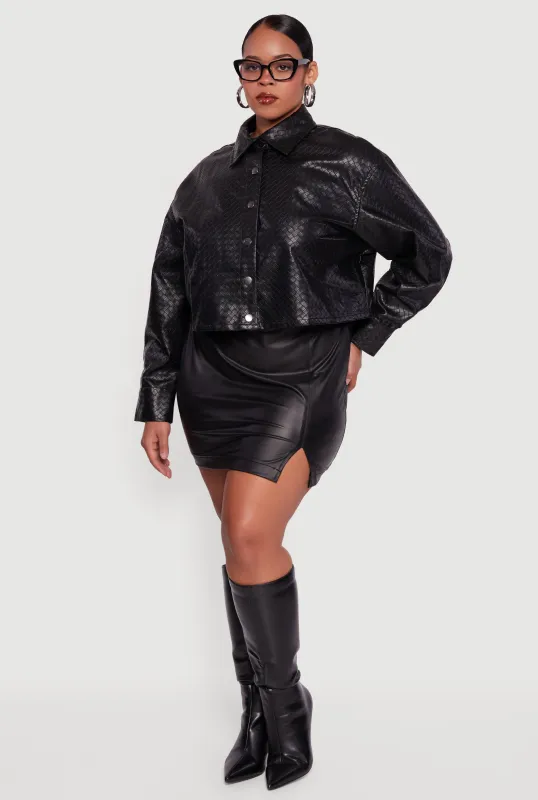 Plus Size Woven Faux Leather Detail Snap Button Front Shacket sold by Rainbow