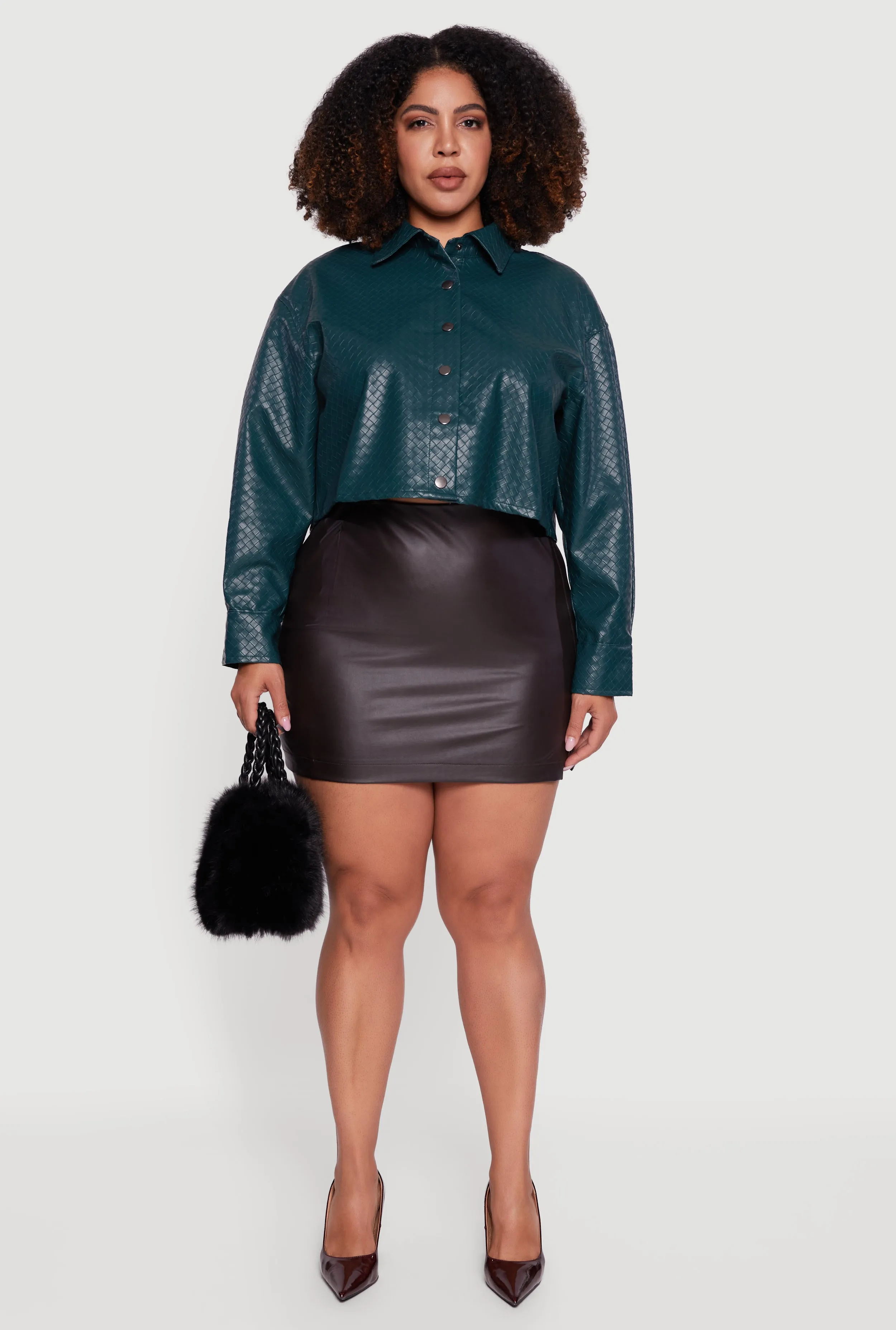 Plus Size Woven Faux Leather Detail Snap Button Front Shacket sold by Rainbow product image thumbnail 3