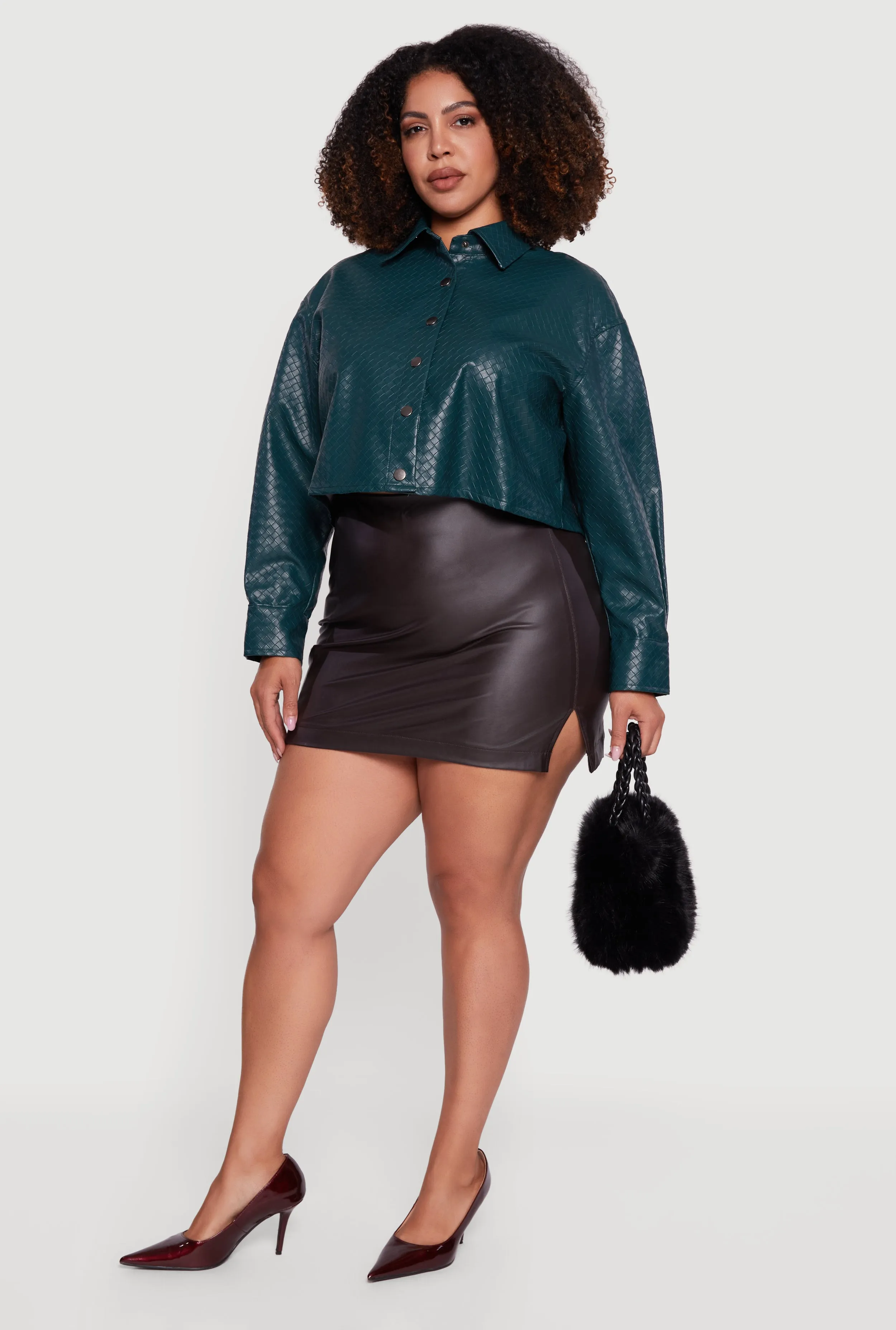 Plus Size Woven Faux Leather Detail Snap Button Front Shacket sold by Rainbow
