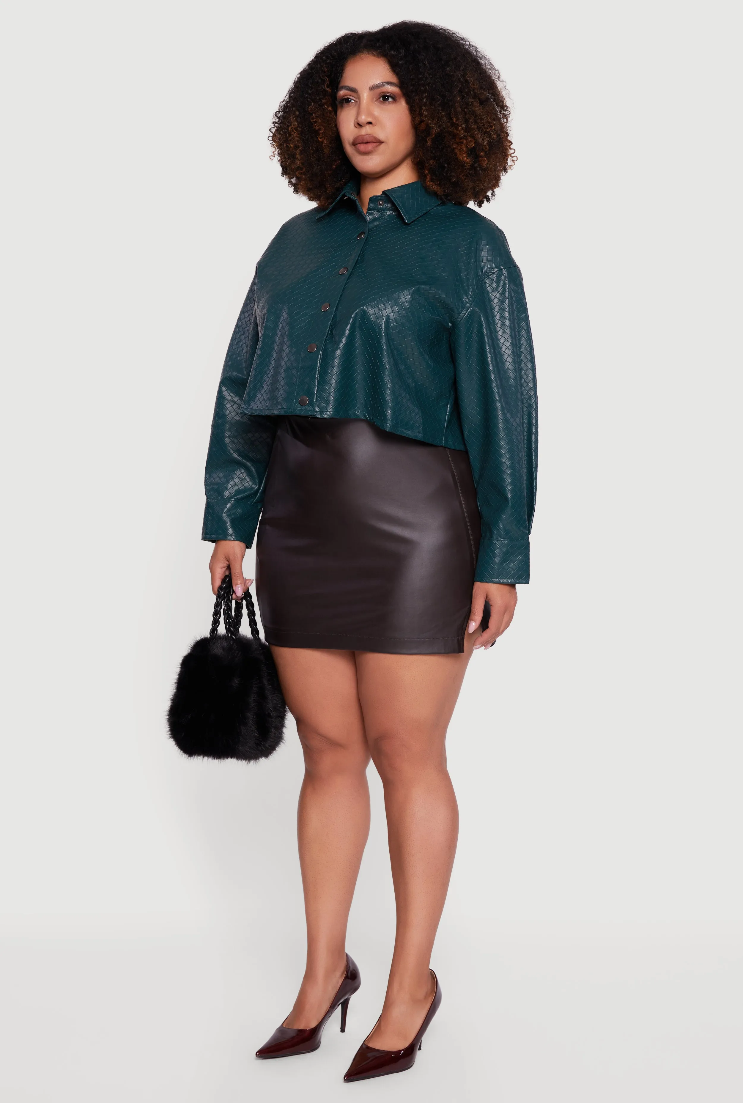 Plus Size Woven Faux Leather Detail Snap Button Front Shacket sold by Rainbow product image thumbnail 5