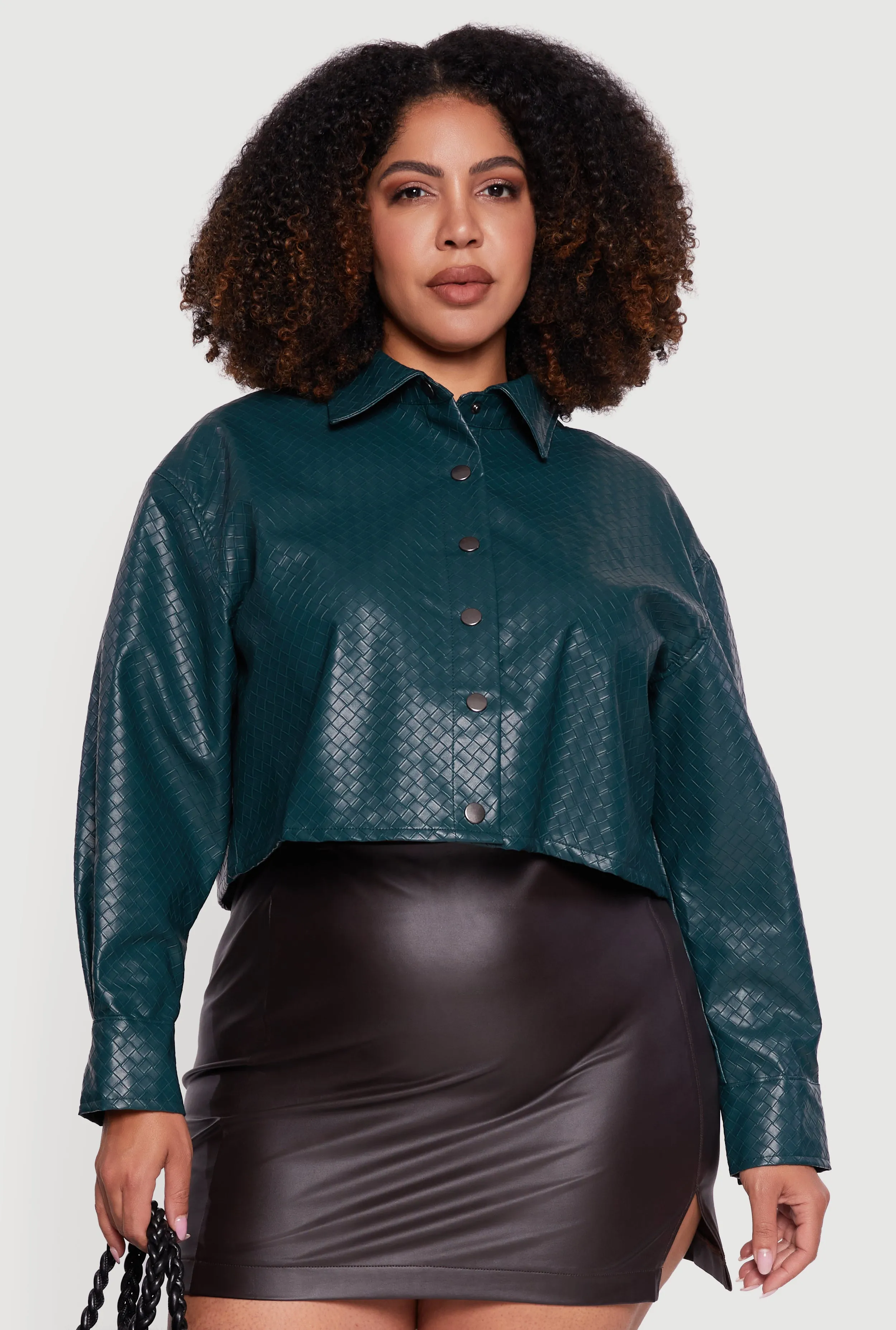 Plus Size Woven Faux Leather Detail Snap Button Front Shacket sold by Rainbow product image thumbnail 2