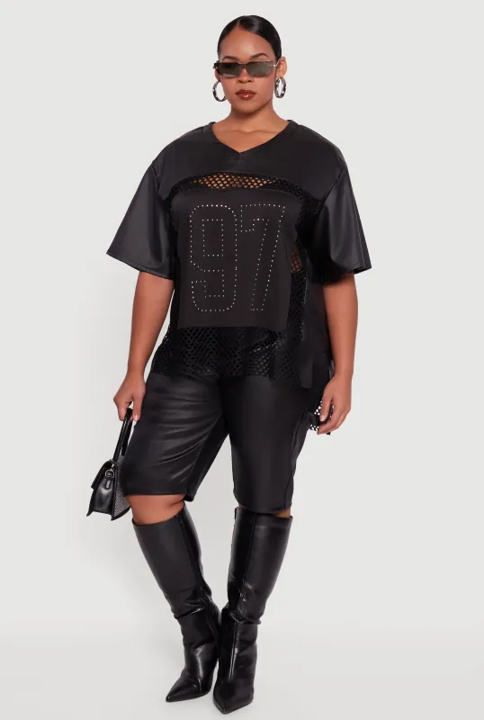 Plus Size Faux Leather Fishnet 97 Rhinestone Graphic Top sold by Rainbow