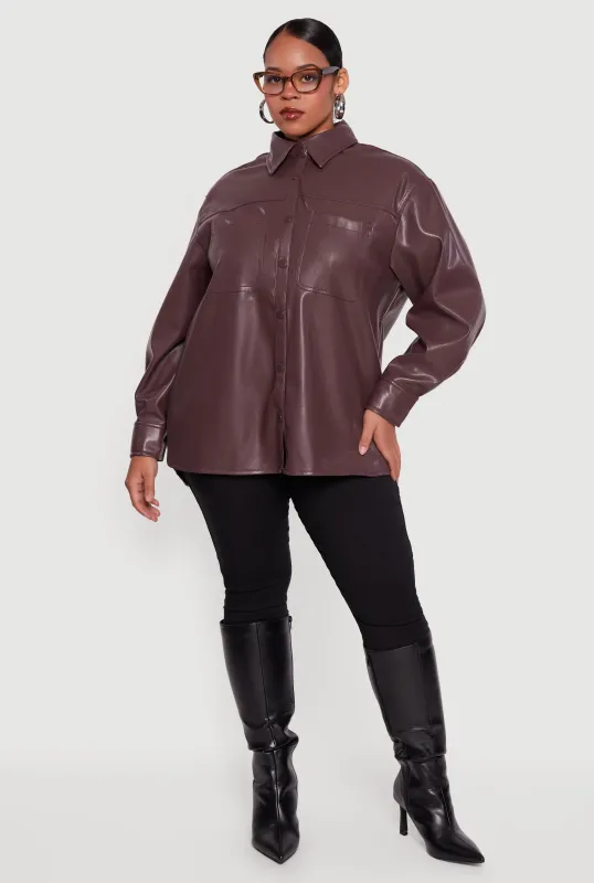 Plus Size Faux Leather Snap Button Front Shacket sold by Rainbow