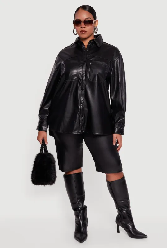 Plus Size Faux Leather Snap Button Front Shacket sold by Rainbow