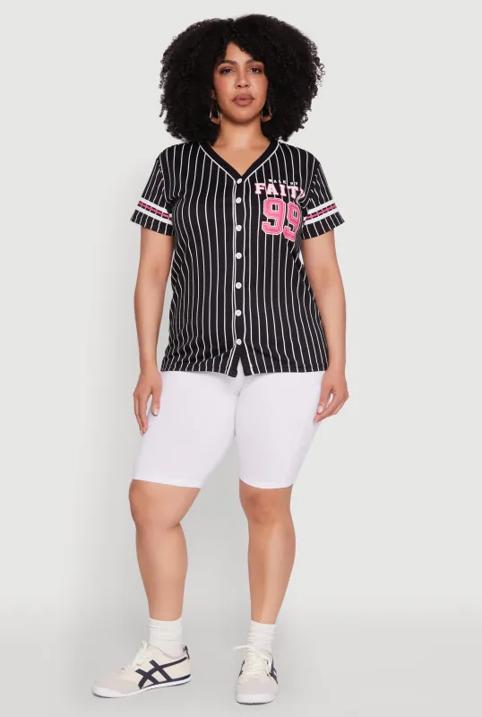 Plus Size Walk By Faith 99 Pinstripe Baseball Jersey made by Rainbow