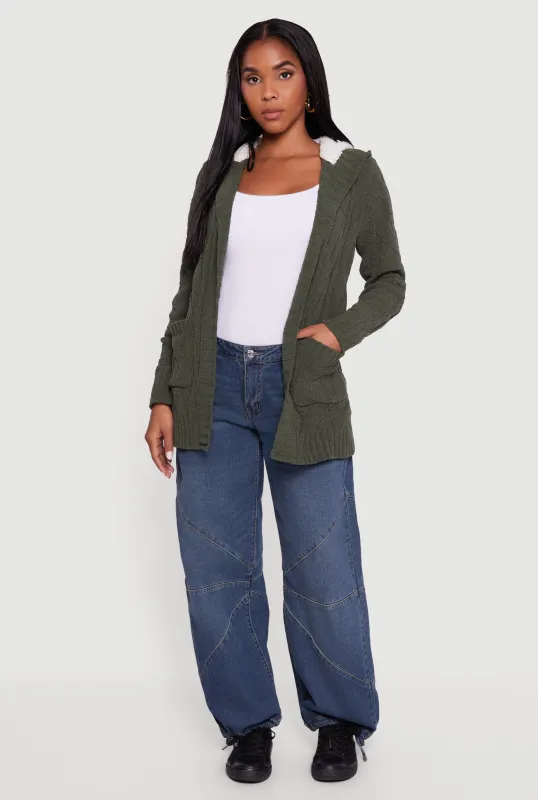 Cable Knit Sherpa Lined Hooded Cardigan sold by Rainbow