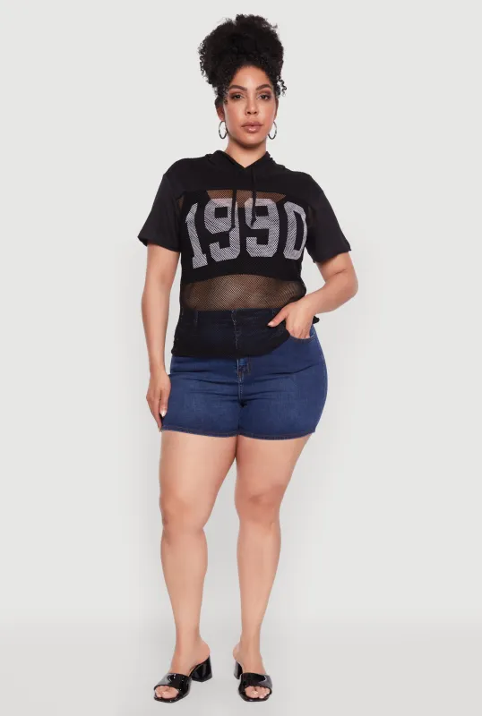 Plus Size 1990 Graphic Hooded Short Sleeve Fishnet Top sold by Rainbow