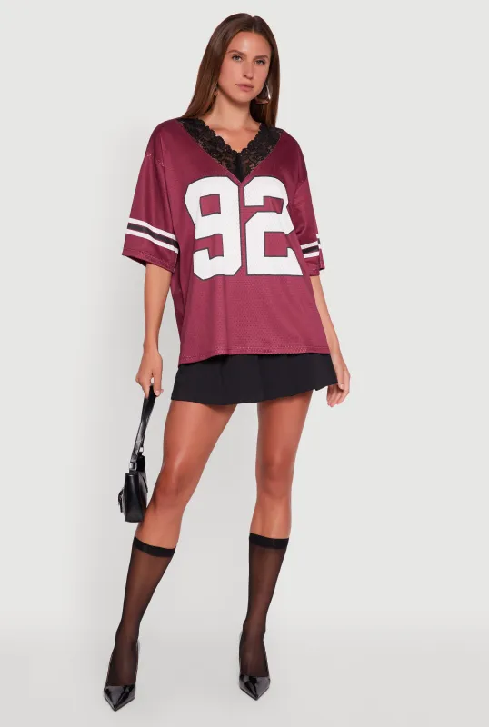 V-Neck 92 Graphic Lace Detail Jersey sold by Rainbow