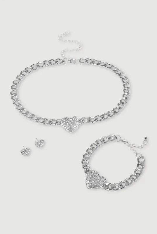 Heart Necklace with Charm Bracelet and Stud Earrings Set of 3 sold by Rainbow