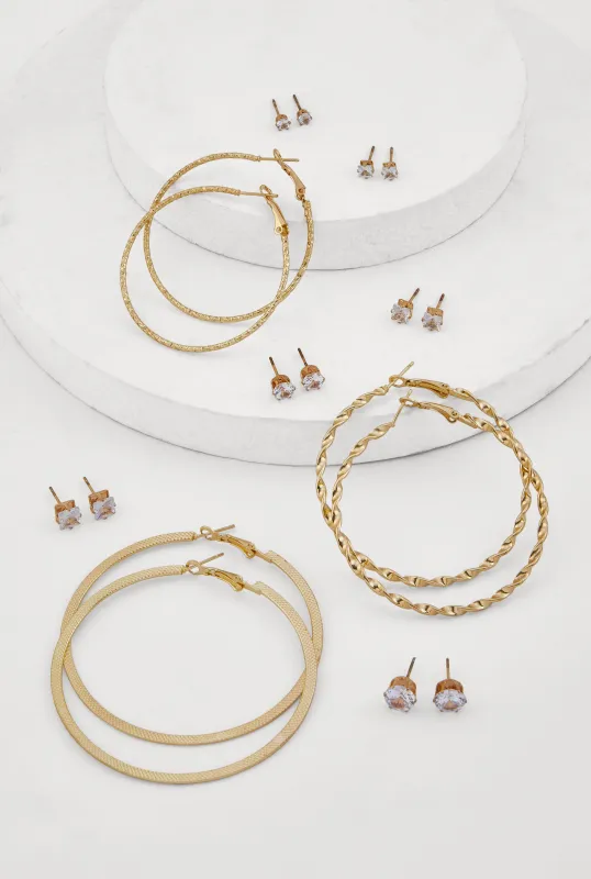 Metallic Textured Hoop and Stud Earrings Set of 9 sold by Rainbow