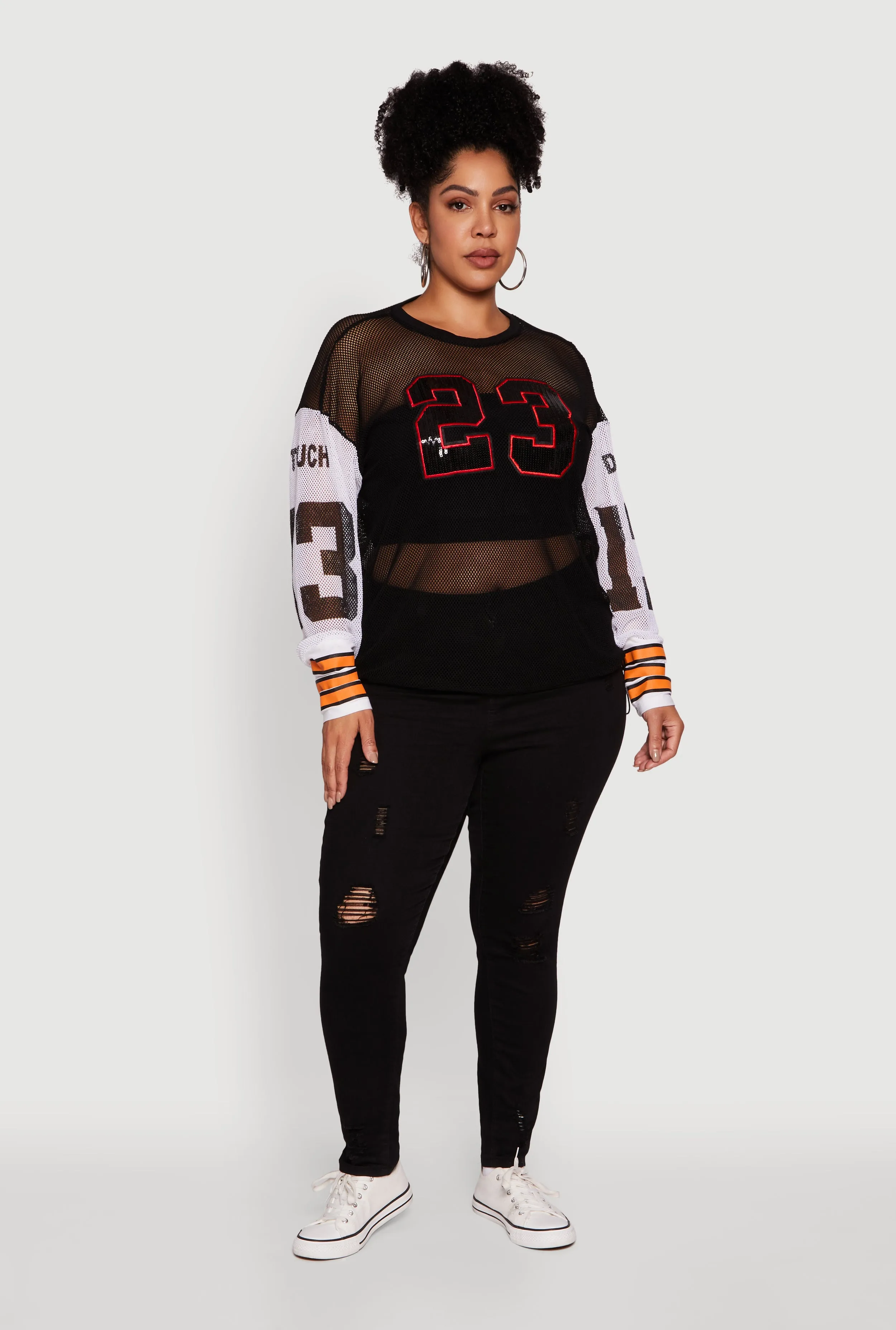 Plus Size 23 Sequin Fishnet Graphic Print Long Sleeve Top sold by Rainbow