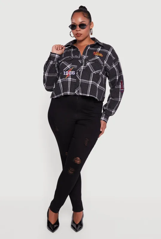 Plus Size 1986 Patch Plaid Cropped Button Front Shirt sold by Rainbow