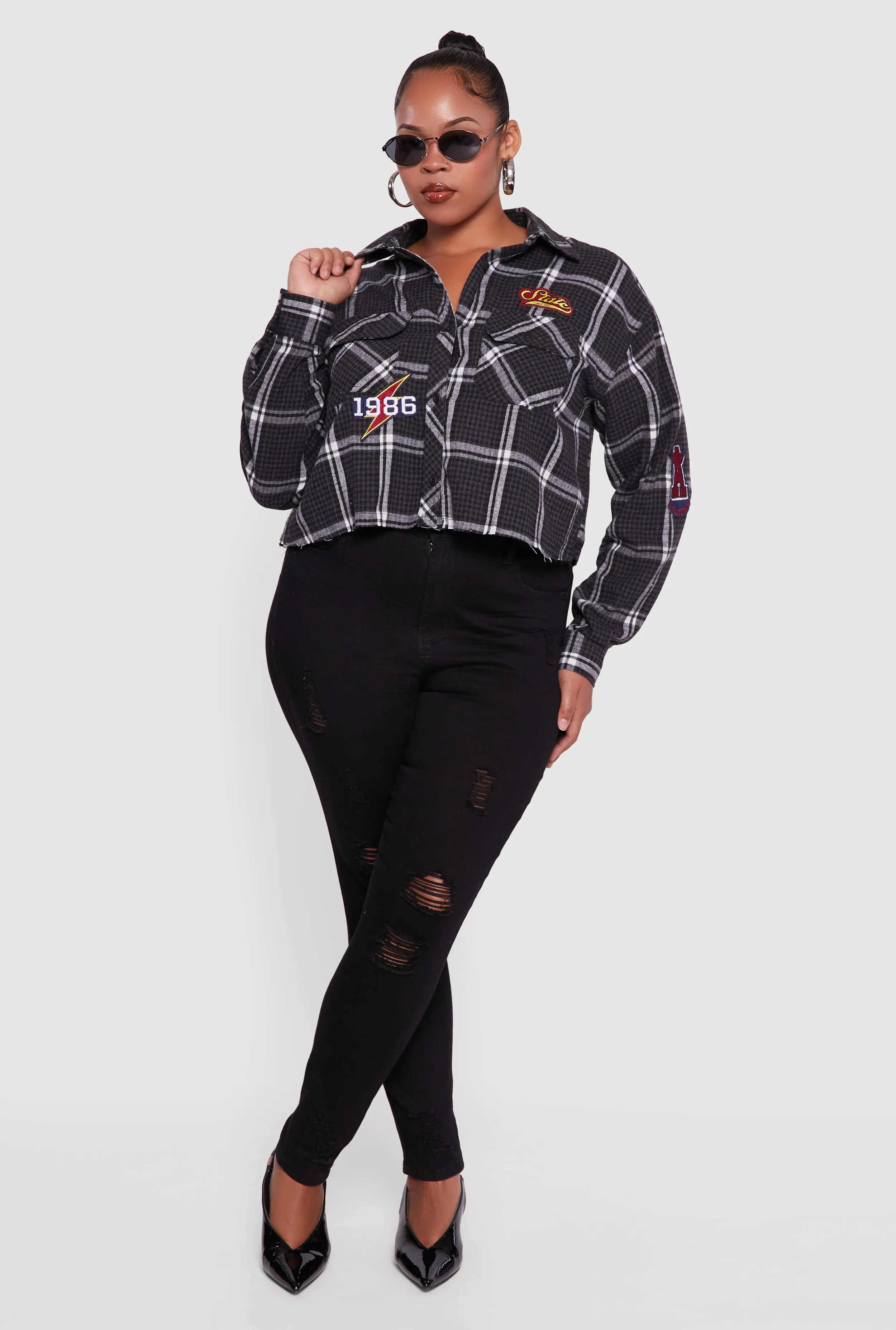 Plus Size 1986 Patch Plaid Cropped Button Front Shirt sold by Rainbow