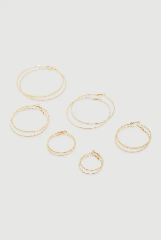 Thin Metallic Textured Hoop Earrings Set of 6 sold by Rainbow
