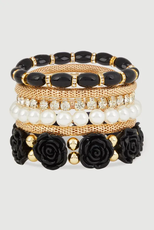 Rose Beaded Faux Pearl Metallic Stretch Bracelets Set of 6 sold by Rainbow