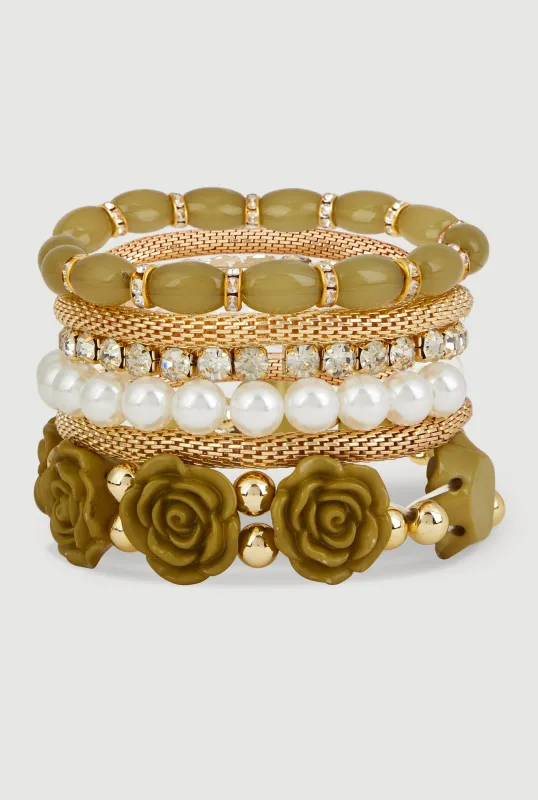 Rose Beaded Faux Pearl Metallic Stretch Bracelets Set of 6 sold by Rainbow