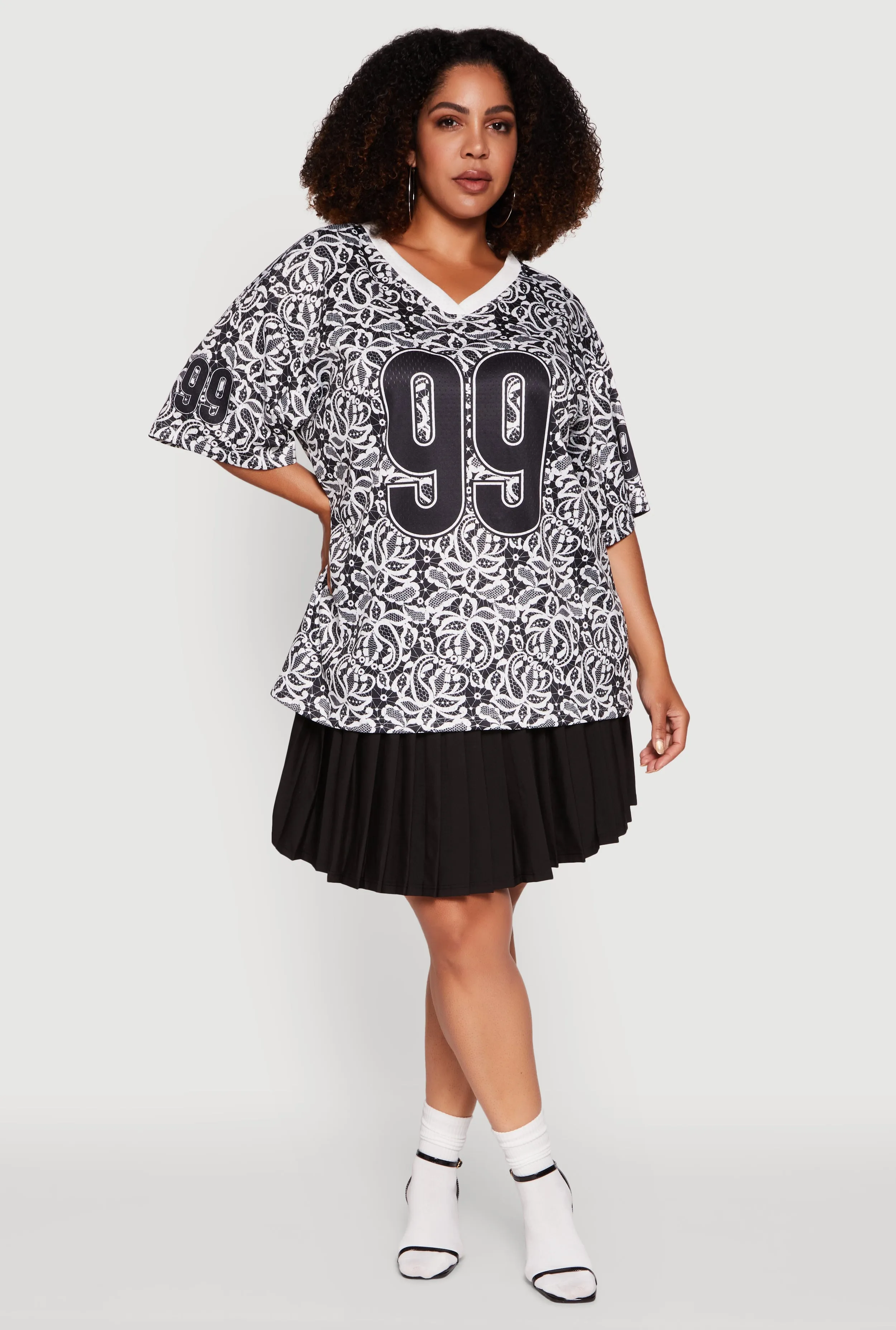 Plus Size V-Neck Patterned 99 Graphic Print Jersey sold by Rainbow