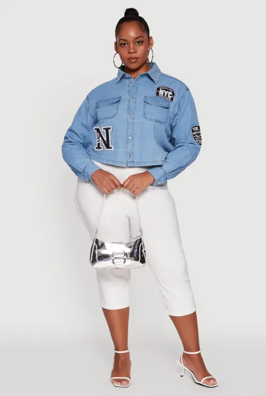 Plus Size Chambray 1982 NYC Patch Graphic Cropped Shirt sold by Rainbow
