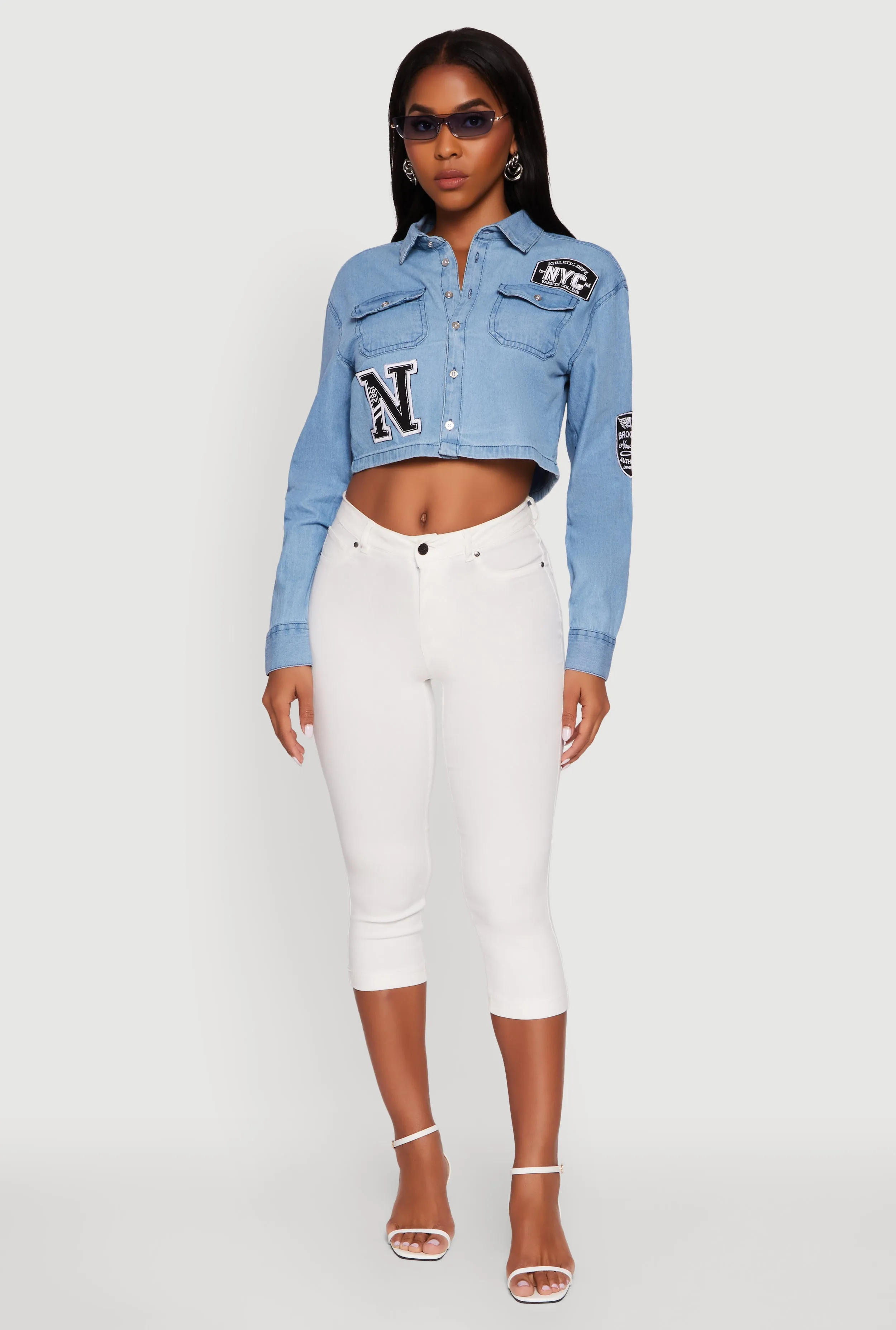 Chambray 1982 NYC Embroidered Patch Graphic Cropped Shirt sold by Rainbow