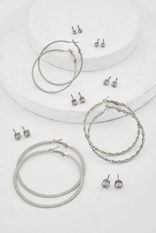 Metallic Textured Hoop and Stud Earrings Set of 9 sold by Rainbow