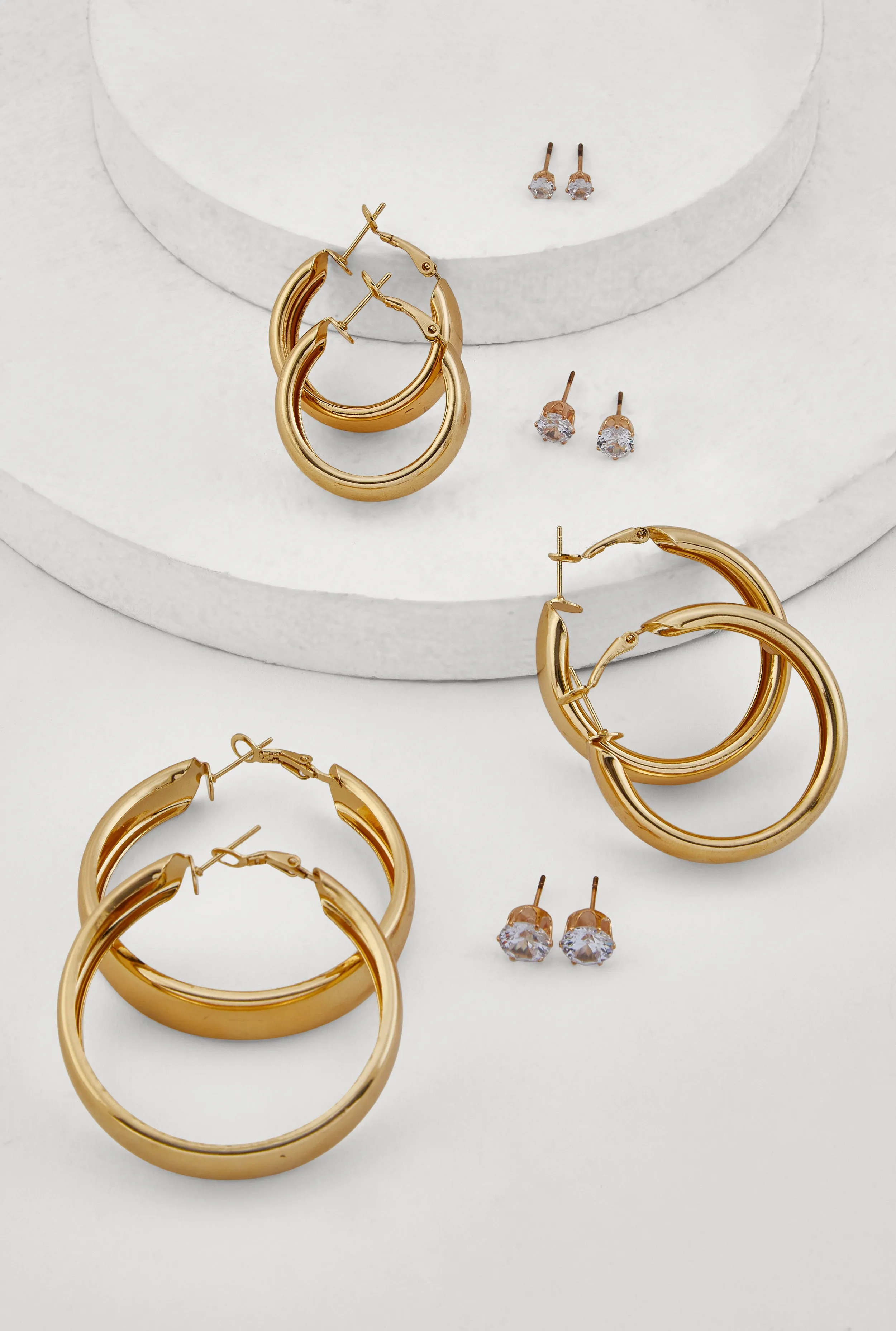 Metallic Hoop and Cubic Zirconia Stud Earrings Set of 6 sold by Rainbow