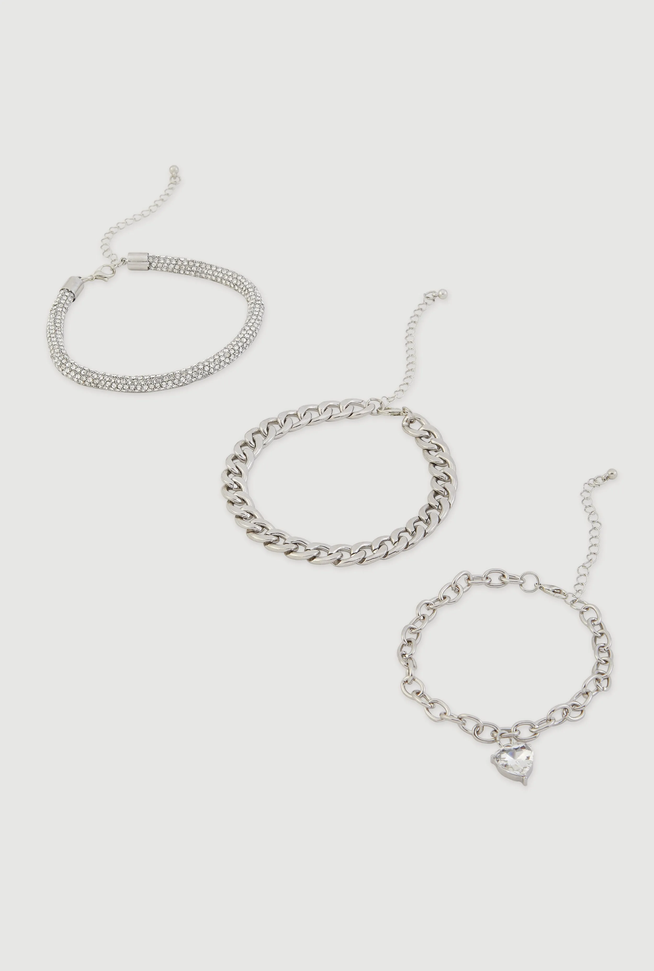 Rhinestone Heart Charm Metallic Chain Anklets Set of 3 sold by Rainbow