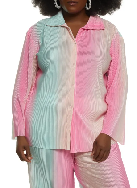 Plus Size Plisse Printed Button Front Shirt sold by Rainbow