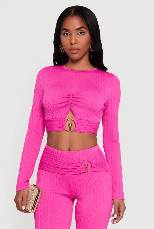 Cut Out Metallic Detail Long Sleeve Crop Top sold by Rainbow