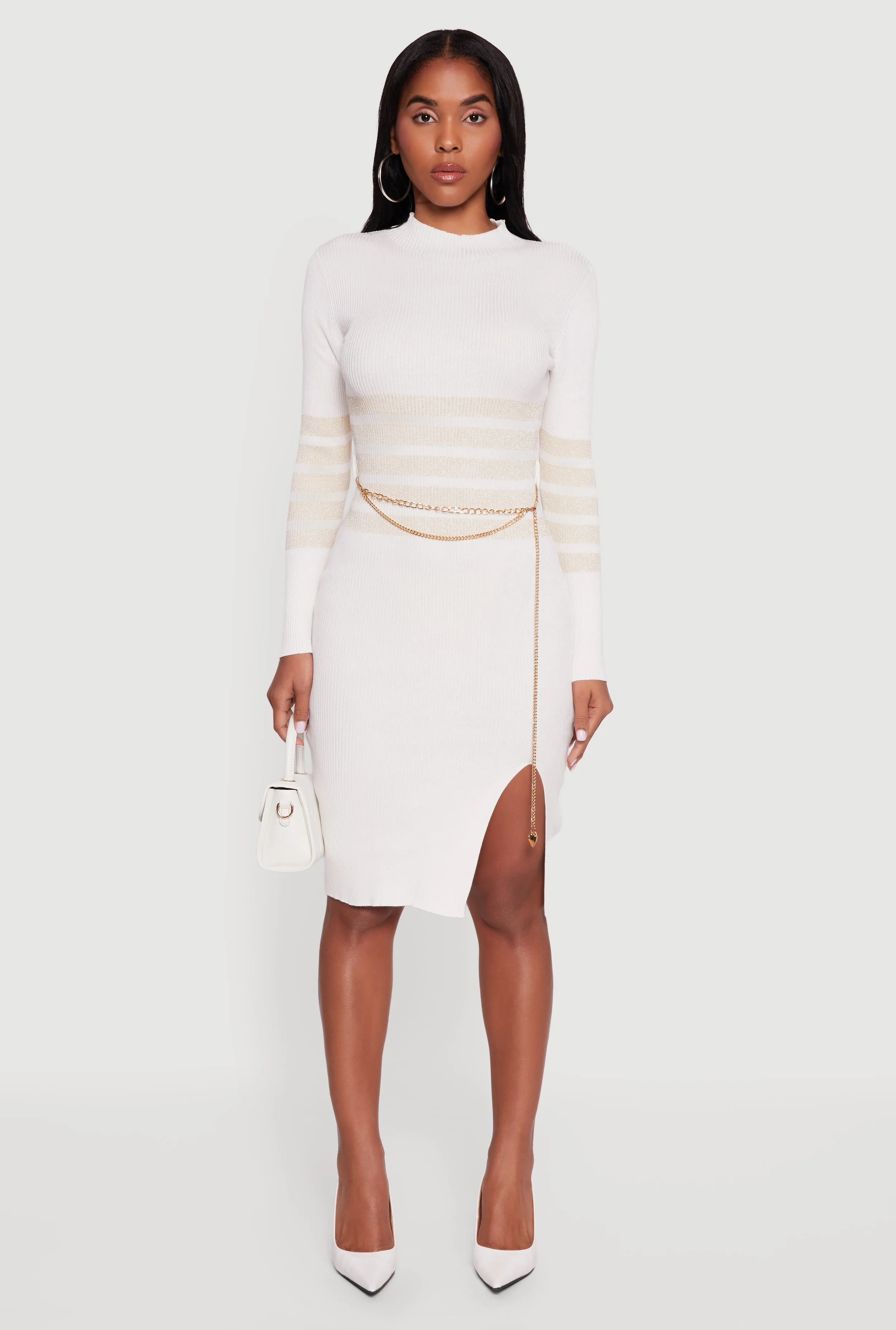 Lurex Striped Side Slit Sweater Dress with Chain Belt sold by Rainbow product image thumbnail 2