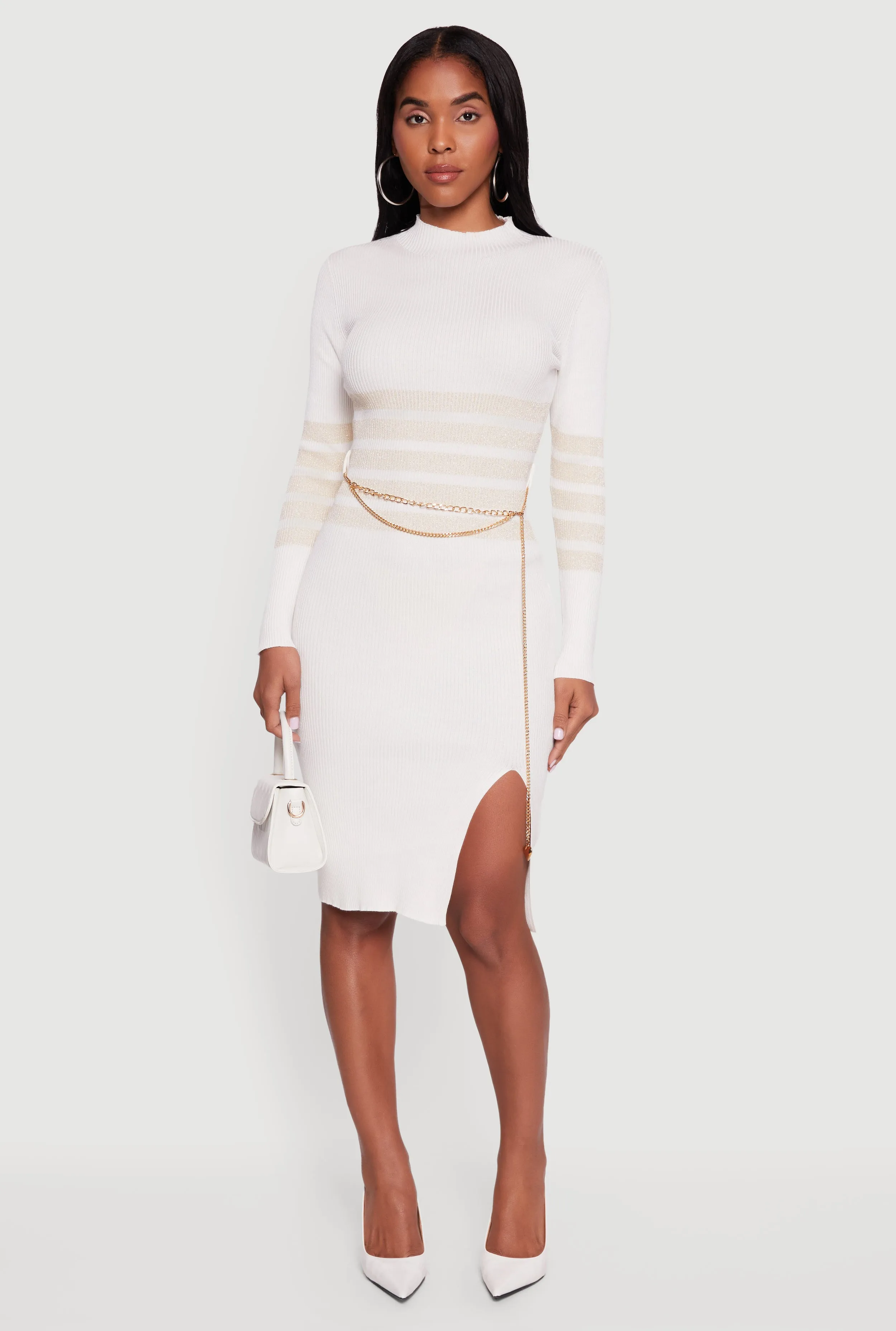 Lurex Striped Side Slit Sweater Dress with Chain Belt sold by Rainbow