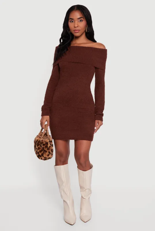 Eyelash Knit Fold Over Off the Shoulder Sweater Dress sold by Rainbow