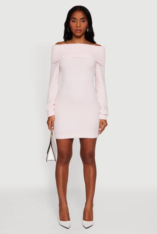 Eyelash Knit Fold Over Off the Shoulder Sweater Dress sold by Rainbow