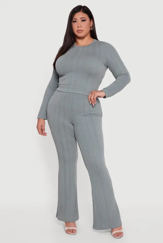 Plus Size Shadow Stripe Rib Knit Flare Leg Pants sold by Rainbow