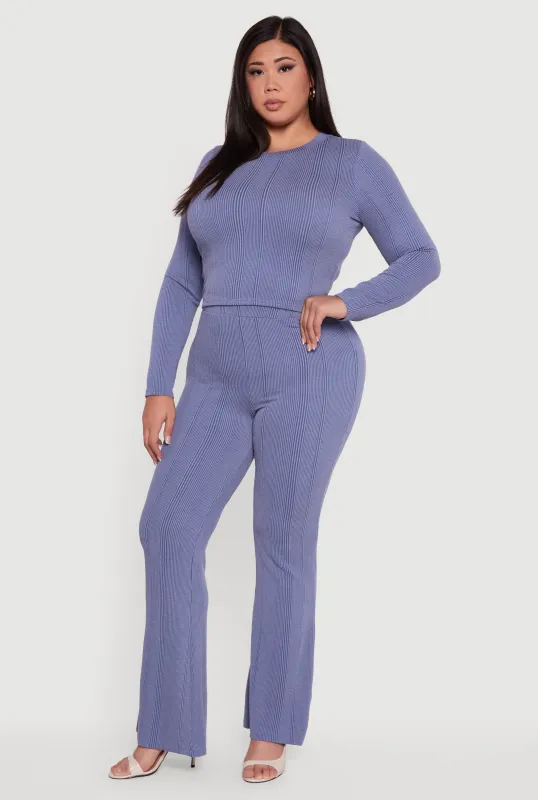 Plus Size Shadow Stripe Rib Knit Flare Leg Pants sold by Rainbow