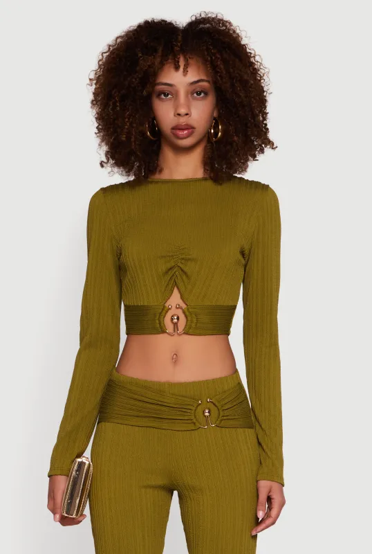 Cut Out Metallic Detail Long Sleeve Crop Top sold by Rainbow