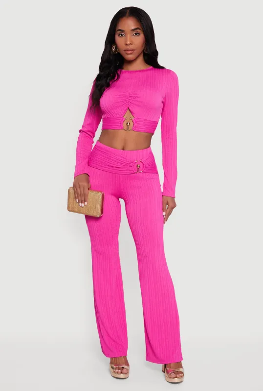 Metallic Detail Belted Front Flare Pants sold by Rainbow