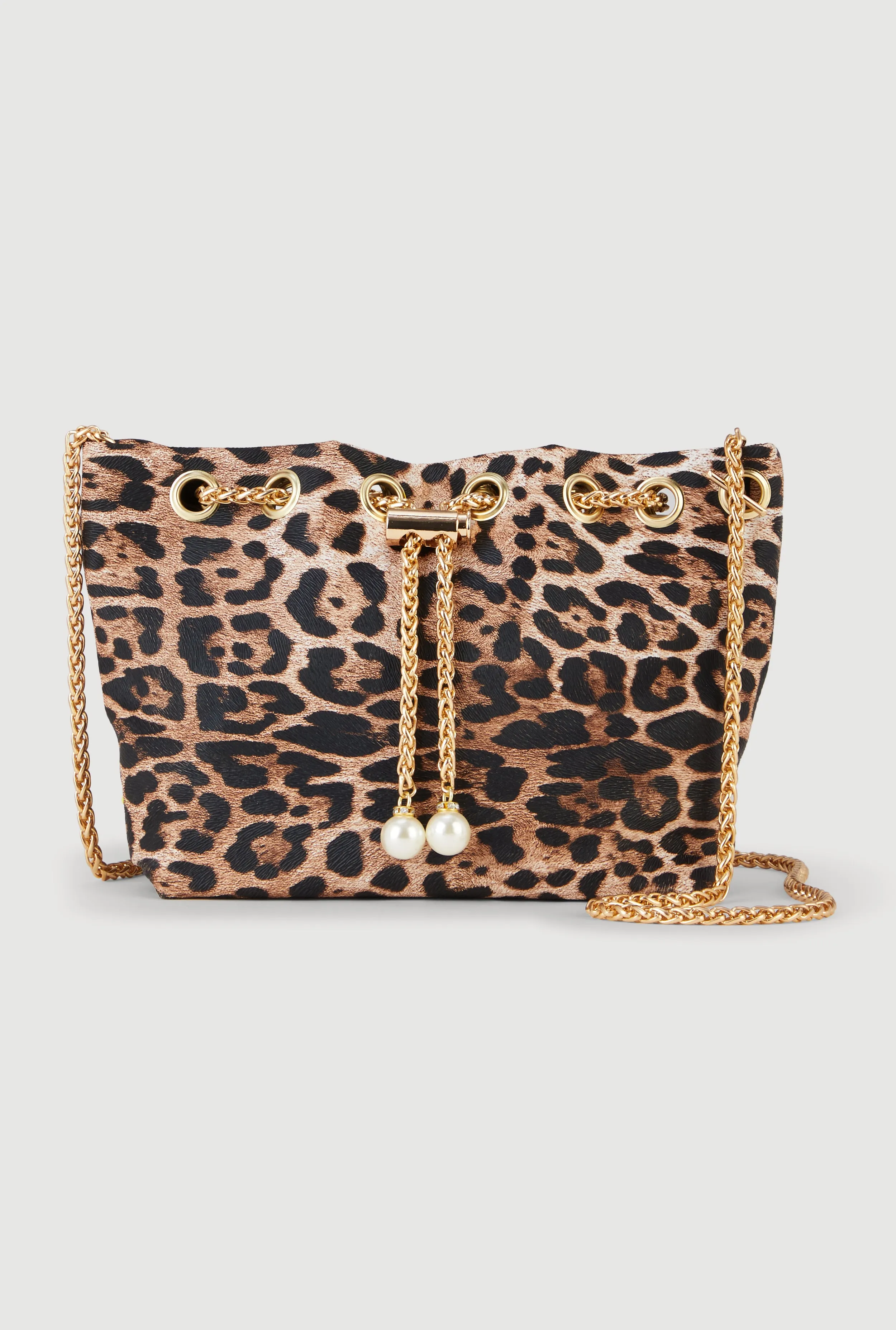 Leopard Print Faux Pearl Chain Toggle Drawstring Bag sold by Rainbow