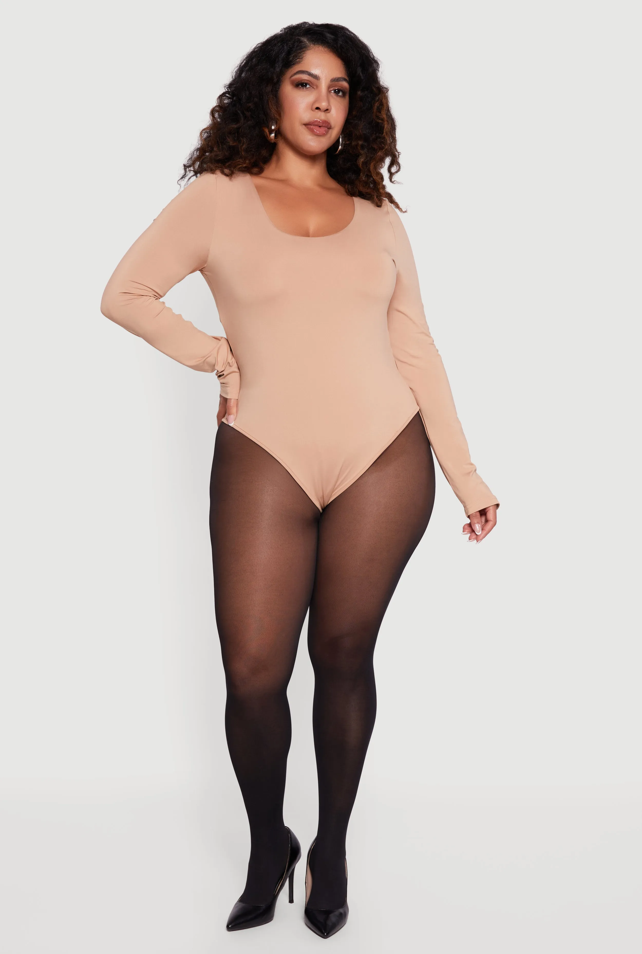 Plus Size Long Sleeve Scoop Neck Bodysuit sold by Rainbow